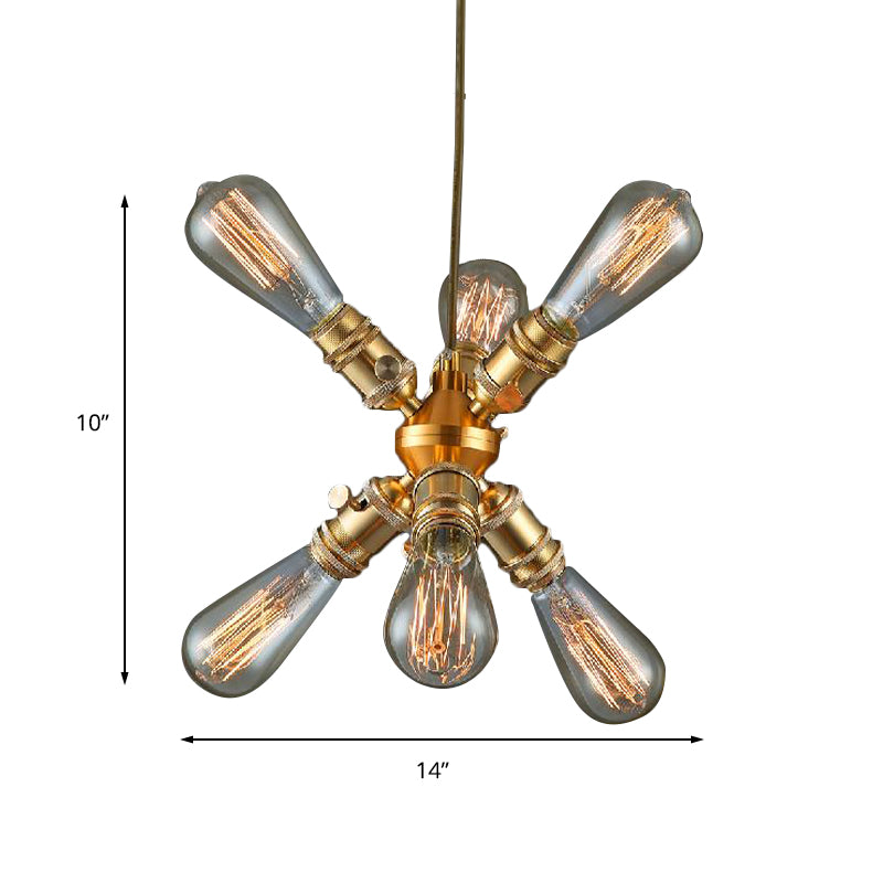 6 Heads Bare Bulb Hanging Lamp Vintage Industrial Brass Metallic Chandelier Lamp for Bar Clearhalo 'Ceiling Lights' 'Chandeliers' 'Close To Ceiling Lights' 'Glass shade' 'Glass' 'Industrial Chandeliers' 'Industrial' 'Middle Century Chandeliers' 'Tiffany' Lighting' 162167