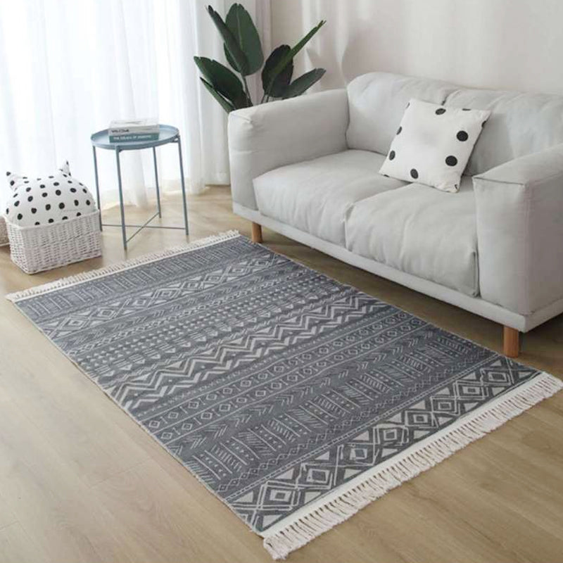 Americana Tribal Pattern Rug Black and White Linen Rug Machine Washable Fringe Area Rug for Bedroom Black Clearhalo 'Area Rug' 'Rugs' 'Southwestern' Rug' 1624476