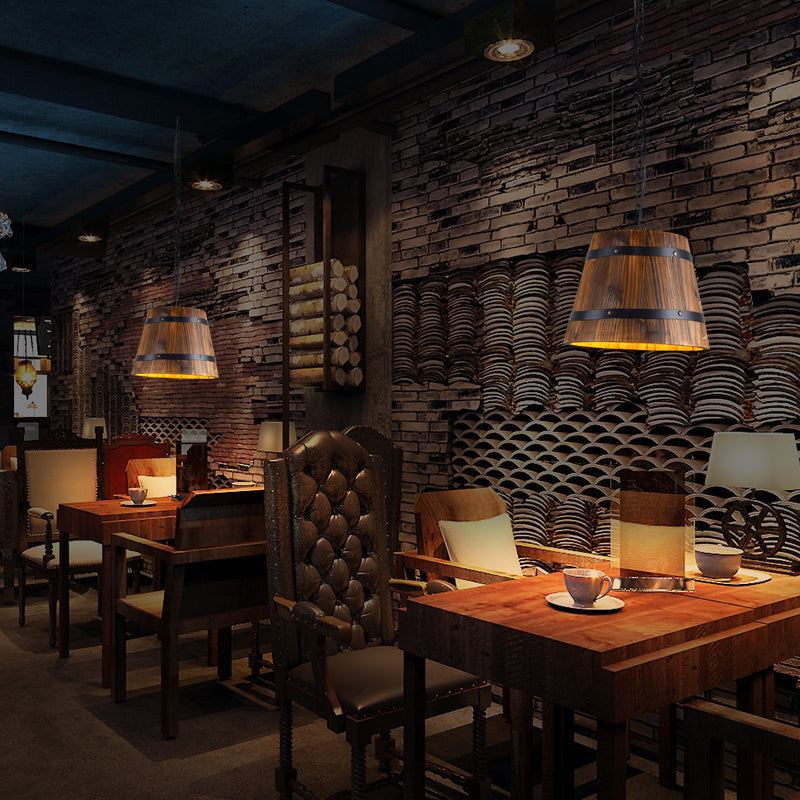 Wood Bucket Hanging Light Single Head Retro Suspension Lamp in Brown for Restaurant Wood Clearhalo 'Ceiling Lights' 'Industrial Pendants' 'Industrial' 'Middle Century Pendants' 'Pendant Lights' 'Pendants' 'Tiffany' Lighting' 162491