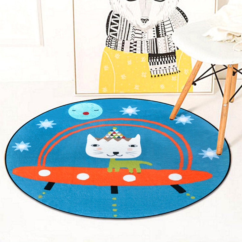 Cute Kids Rug in Blue Animal Cat Spaceship Pattern Rug Polyester Anti-Slip Backing Carpet for Children's Room Clearhalo 'Area Rug' 'Rug' 1624959