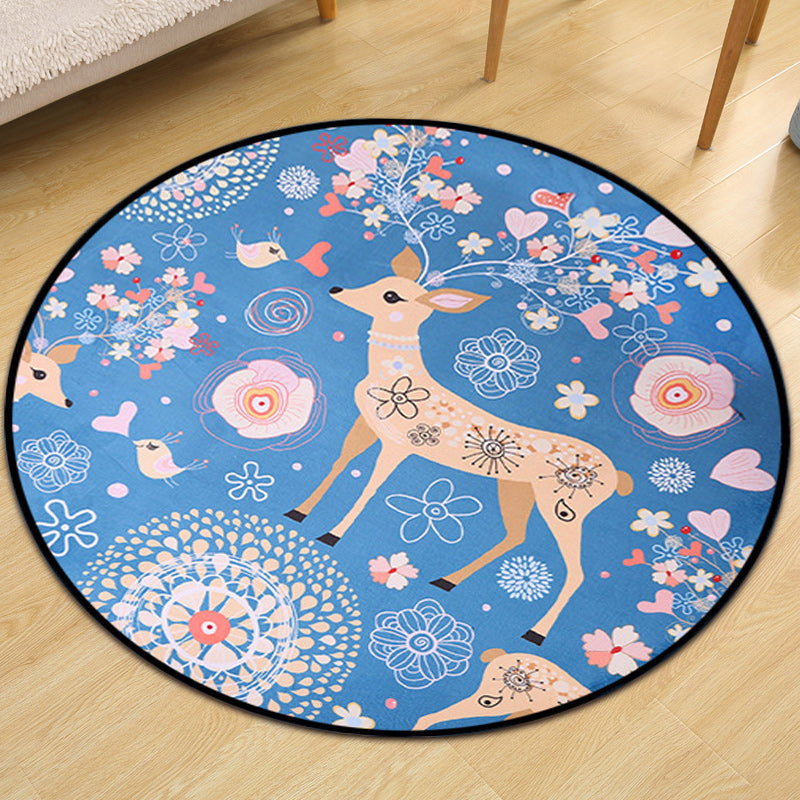 Kids Nursery Rug in Blue Animal Deer Floral Print Rug Polyester Stain-Resistant Area Rug Clearhalo 'Area Rug' 'Rug' 1625043