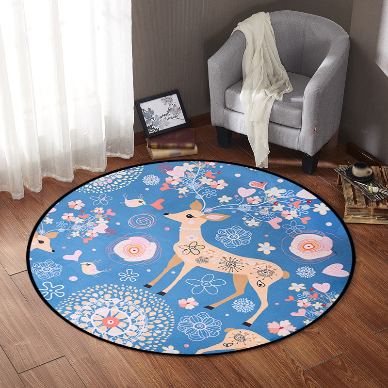 Kids Nursery Rug in Blue Animal Deer Floral Print Rug Polyester Stain-Resistant Area Rug Clearhalo 'Area Rug' 'Rug' 1625044