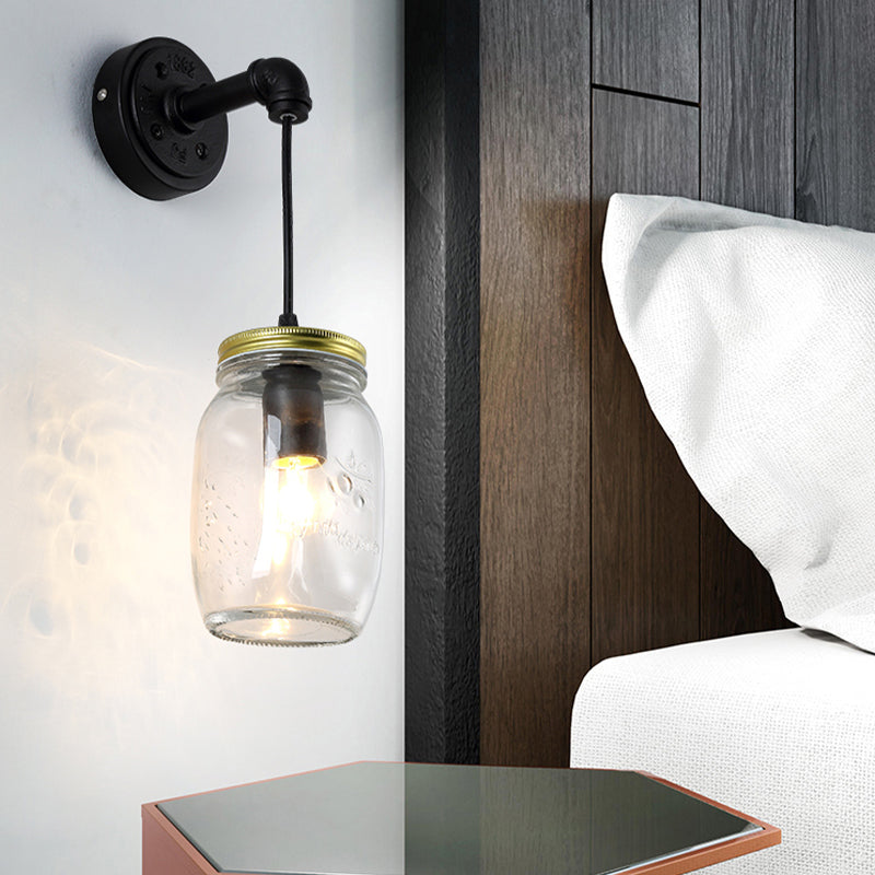 Clear Glass Black Wall Sconce Lighting Jar Shade 1-Light Industrial Light Fixture for Corridor Clear Clearhalo 'Art deco wall lights' 'Cast Iron' 'Glass' 'Industrial wall lights' 'Industrial' 'Middle century wall lights' 'Modern' 'Rustic wall lights' 'Tiffany' 'Traditional wall lights' 'Wall Lamps & Sconces' 'Wall Lights' Lighting' 162611