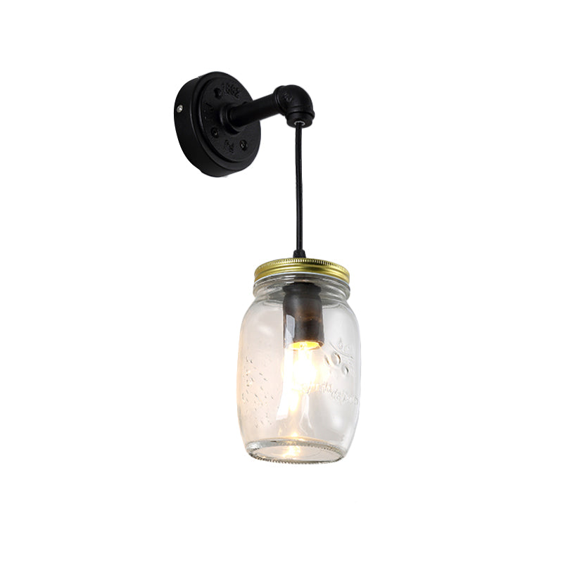 Clear Glass Black Wall Sconce Lighting Jar Shade 1-Light Industrial Light Fixture for Corridor Clearhalo 'Art deco wall lights' 'Cast Iron' 'Glass' 'Industrial wall lights' 'Industrial' 'Middle century wall lights' 'Modern' 'Rustic wall lights' 'Tiffany' 'Traditional wall lights' 'Wall Lamps & Sconces' 'Wall Lights' Lighting' 162613