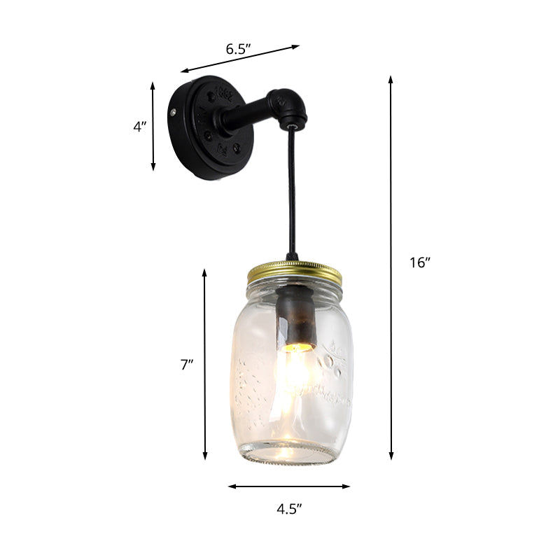 Clear Glass Black Wall Sconce Lighting Jar Shade 1-Light Industrial Light Fixture for Corridor Clearhalo 'Art deco wall lights' 'Cast Iron' 'Glass' 'Industrial wall lights' 'Industrial' 'Middle century wall lights' 'Modern' 'Rustic wall lights' 'Tiffany' 'Traditional wall lights' 'Wall Lamps & Sconces' 'Wall Lights' Lighting' 162614