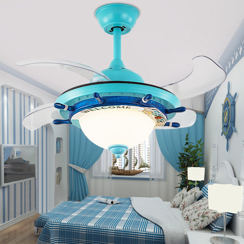 1-Light Bedroom Rudder Fan Lamp Kids White/Blue 4 Blades Semi Mount Lighting with Dome Opal Glass Shade, 36