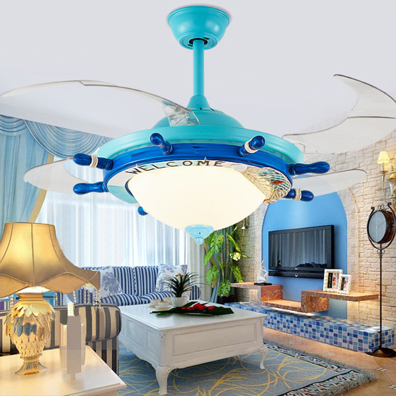 1-Light Bedroom Rudder Fan Lamp Kids White/Blue 4 Blades Semi Mount Lighting with Dome Opal Glass Shade, 36