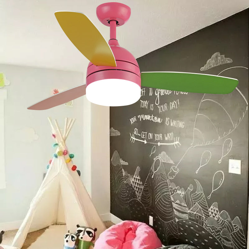 Dome Pendant Fan Lighting Kids Acrylic LED Pink/Blue Semi Flush Mount Light with 3 Colorful Blades for Bedroom, 39