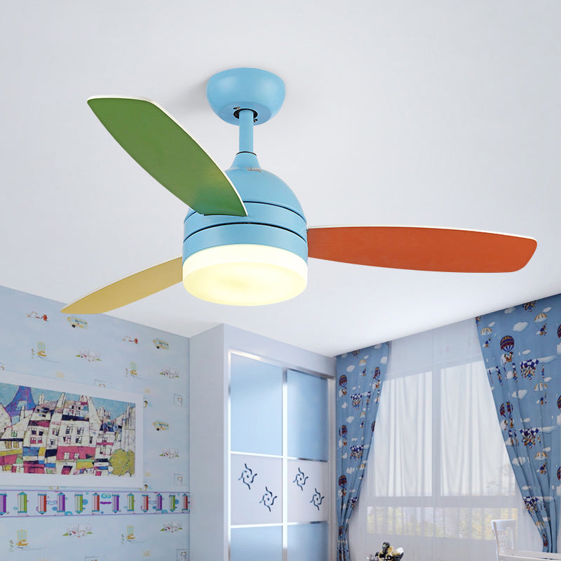 Dome Pendant Fan Lighting Kids Acrylic LED Pink/Blue Semi Flush Mount Light with 3 Colorful Blades for Bedroom, 39