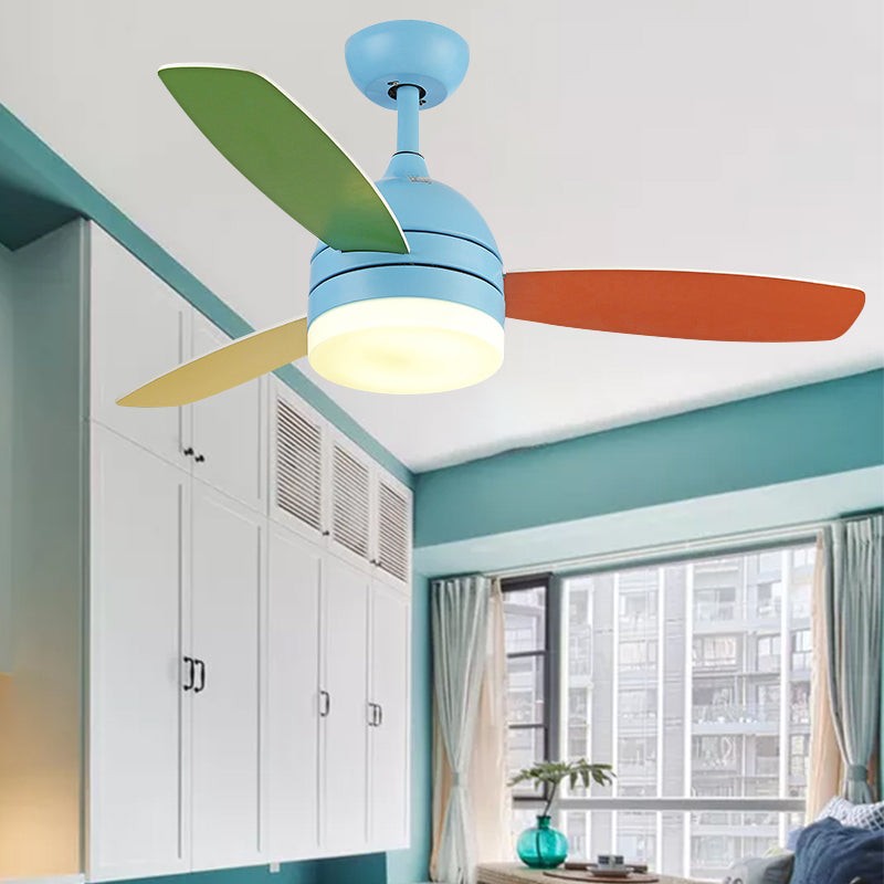 Dome Pendant Fan Lighting Kids Acrylic LED Pink/Blue Semi Flush Mount Light with 3 Colorful Blades for Bedroom, 39