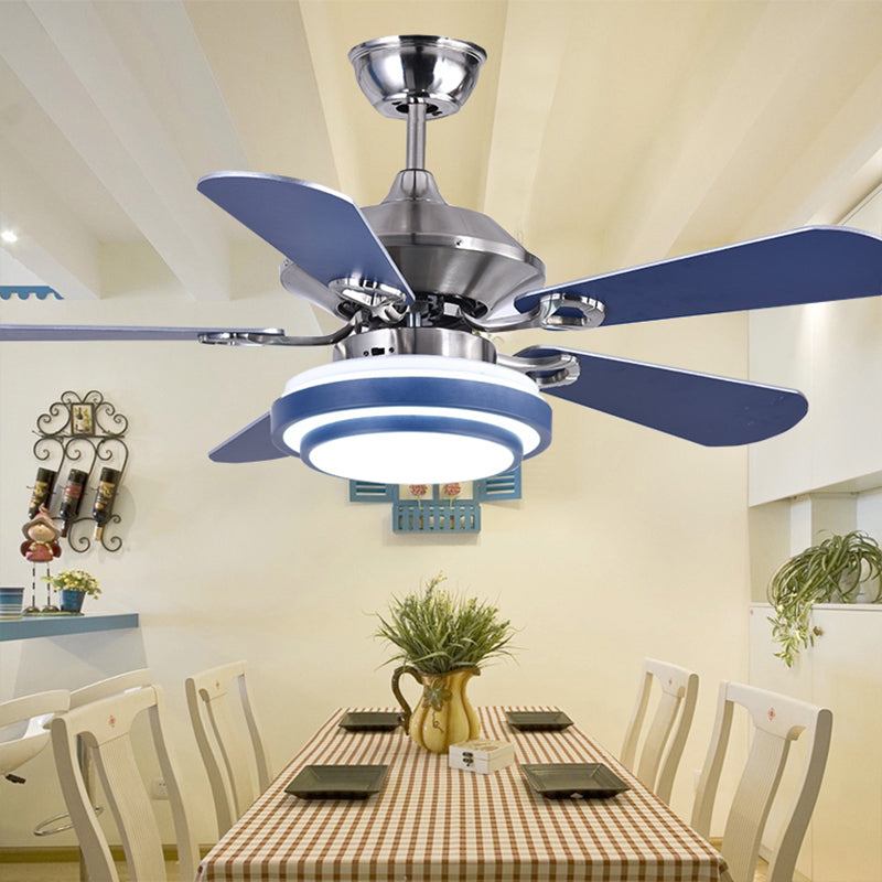 Minimalism Circle Hanging Fan Lamp Metal LED Dining Room 5 Blades Semi Flush in Blue with Remote Control, 42