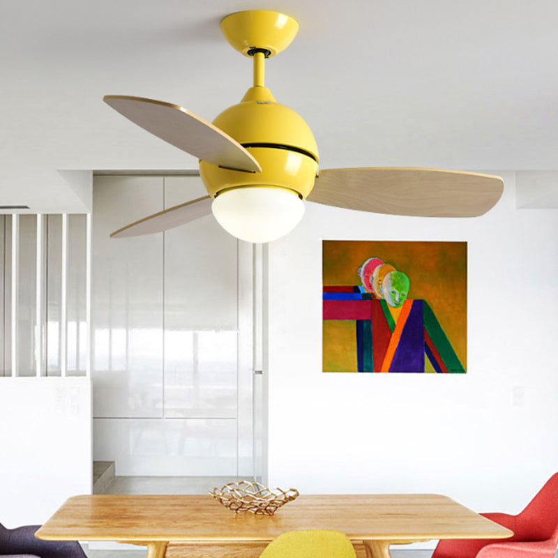 Modernist Bowl Metal Fan Light LED Semi-Flush Mount in Pink/Yellow/Green with 3 Wood Blades for Living Room, 34