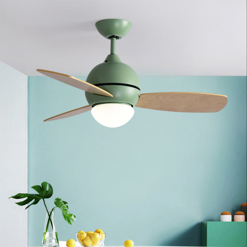 Modernist Bowl Metal Fan Light LED Semi-Flush Mount in Pink/Yellow/Green with 3 Wood Blades for Living Room, 34