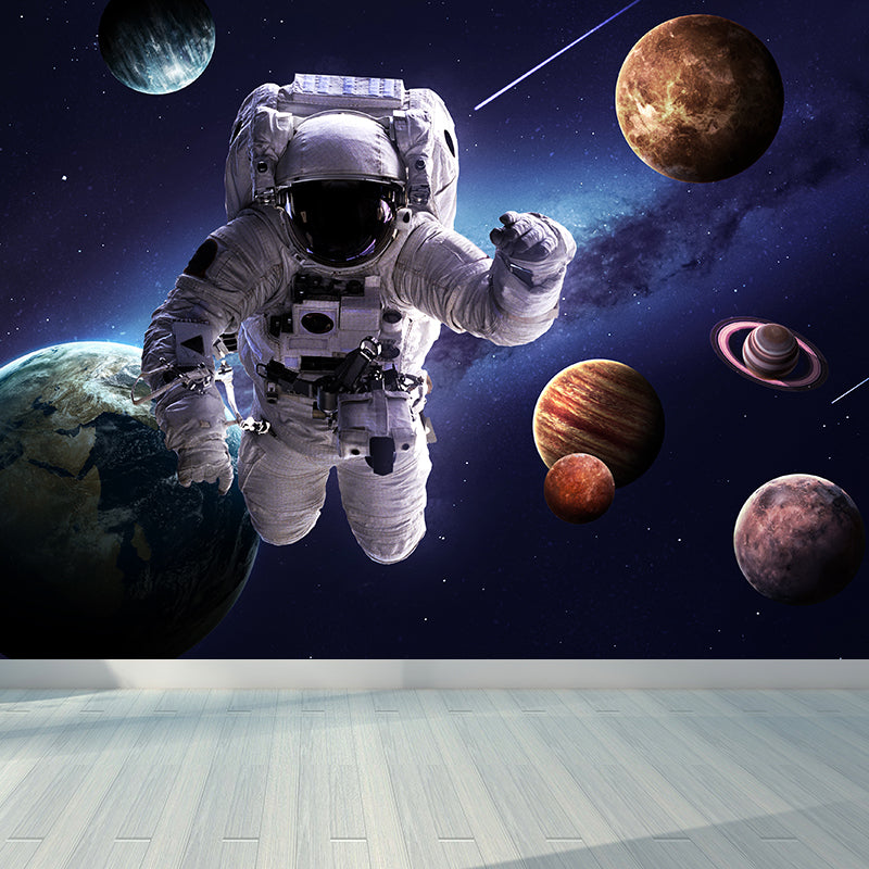 Blue Fictional Wall Mural Huge Astronaut and Earth Wall Covering for Living Room Clearhalo 'Wall Decor' 'Wall Mural' 1627545