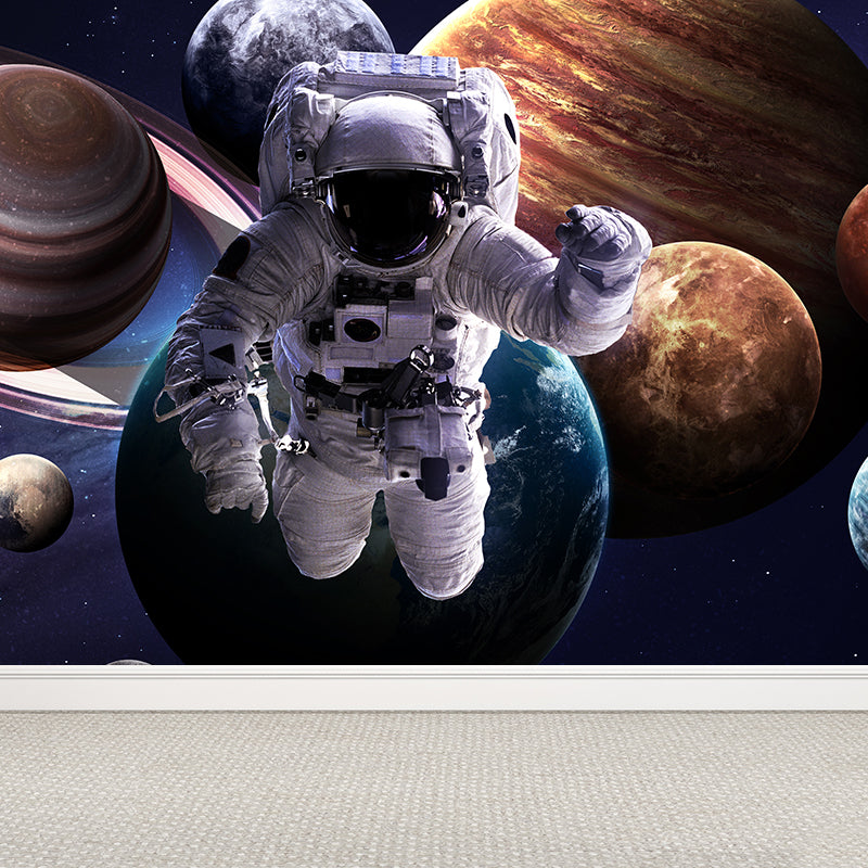 Blue Fictional Wall Mural Huge Astronaut and Earth Wall Covering for Living Room Clearhalo 'Wall Decor' 'Wall Mural' 1627549