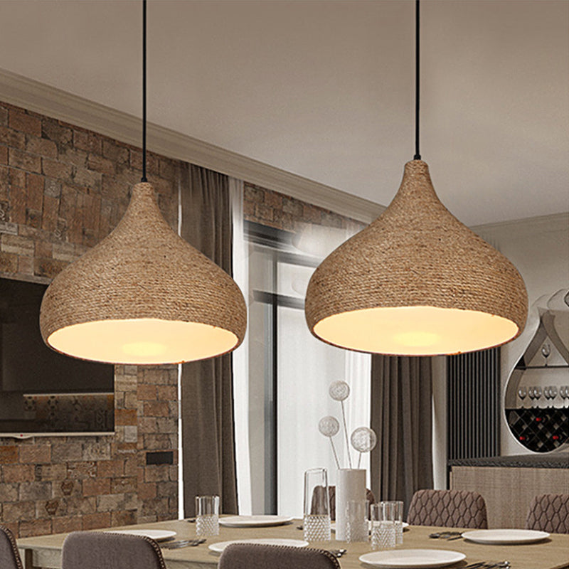 Hemp Rope Teardrop Pendant Light Lodge Stylish 1 Bulb Living Room Suspension Lamp in Beige Clearhalo 'Ceiling Lights' 'Industrial Pendants' 'Industrial' 'Middle Century Pendants' 'Pendant Lights' 'Pendants' 'Tiffany' Lighting' 162756