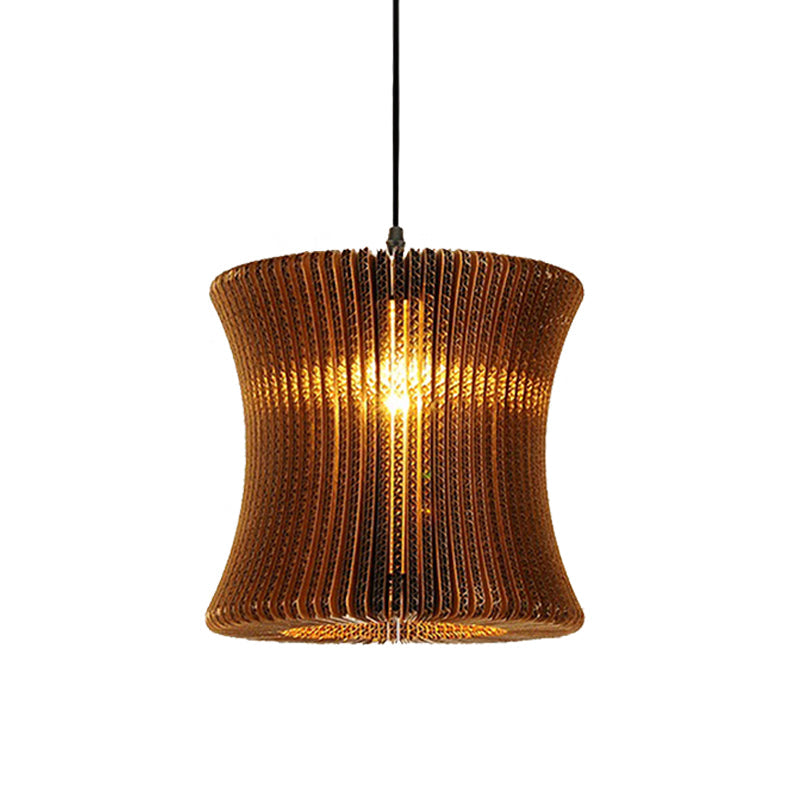 1 Bulb Ceiling Fixture with Cylinder Shade Corrugated Paper Asian Stylish Dining Room Pendant Lighting in Brown Clearhalo 'Ceiling Lights' 'Modern Pendants' 'Modern' 'Pendant Lights' 'Pendants' Lighting' 162824