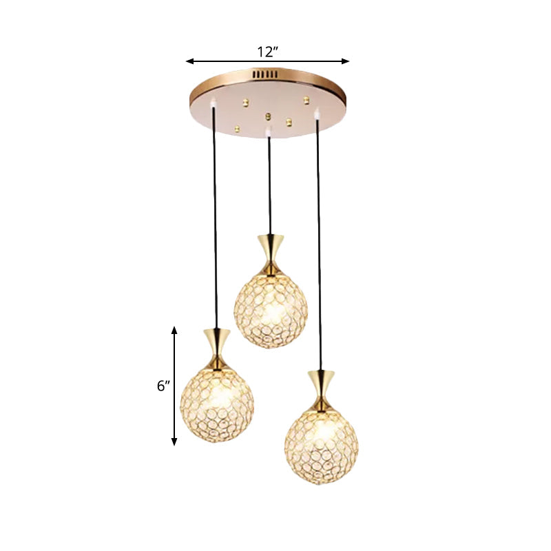 Globe Dinning Room Ceiling Lamp Minimal Crystal Encrusted 3/5 Bulbs Gold Multi Pendant Lighting Fixture Clearhalo 'Ceiling Lights' 'Modern Pendants' 'Modern' 'Pendant Lights' 'Pendants' Lighting' 1629093