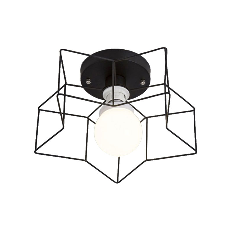 1 Bulb Star Ceiling Mounted Light with Cage Shade Industrial Black/White Metal Semi-Flush Mount Light for Bedroom Clearhalo 'Ceiling Lights' 'Close To Ceiling Lights' 'Close to ceiling' 'Semi-flushmount' Lighting' 162985