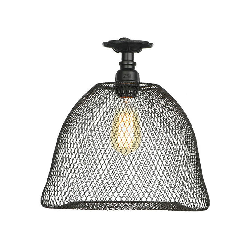 1 Bulb Saucer/Barrel Semi Flush Light Industrial Stylish Black Finish Metal Ceiling Mounted Light with Mesh Screen Clearhalo 'Ceiling Lights' 'Close To Ceiling Lights' 'Close to ceiling' 'Semi-flushmount' Lighting' 163019