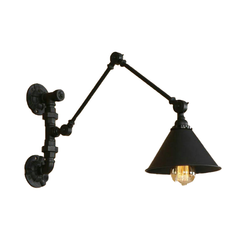 Swing Arm Bedroom Wall Sconce Industrial Metal 1 Light Black Wall Mount Light with Cone Shade, 7