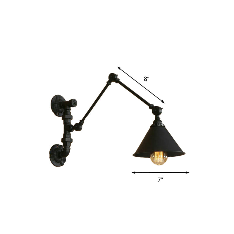 Swing Arm Bedroom Wall Sconce Industrial Metal 1 Light Black Wall Mount Light with Cone Shade, 7