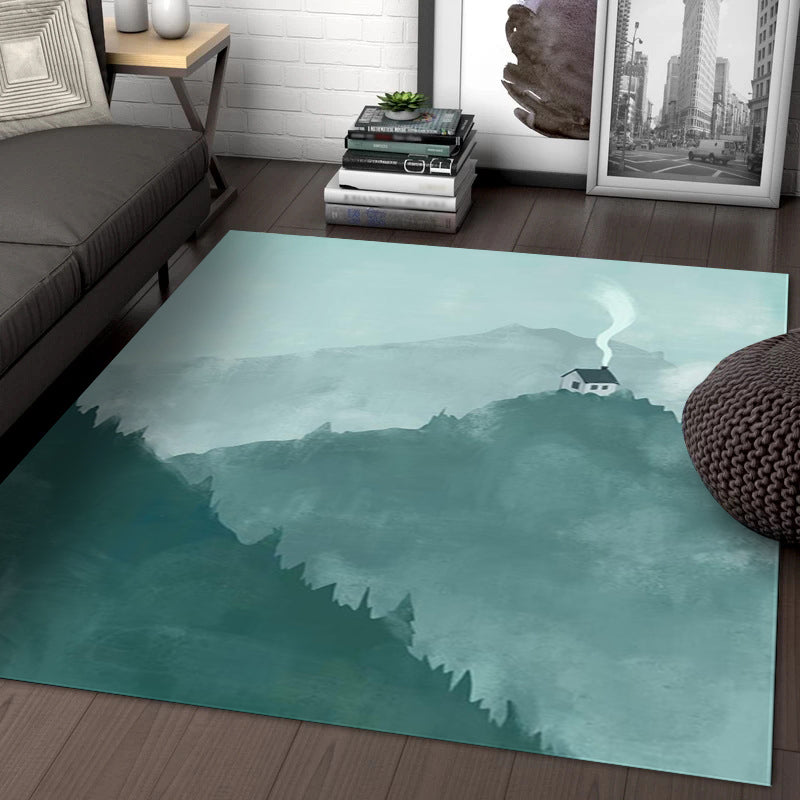 Green Bedroom Rug Modern Geography Mountain House Pattern Area Rug Polyester Anti-Slip Backing Carpet Clearhalo 'Area Rug' 'Rug' 1634654