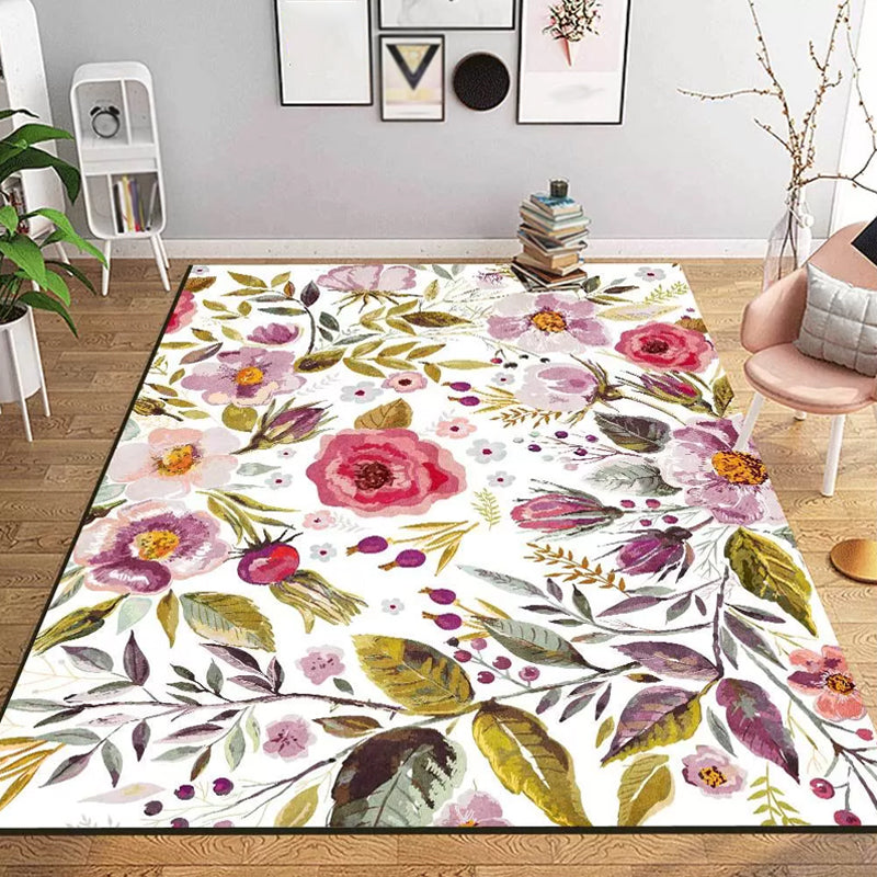 Classic French Country Rug in White Floral Leaf Pattern Rug Polyester Washable Carpet for Home Decoration Pink Clearhalo 'Area Rug' 'French Country' 'Rugs' Rug' 1634762