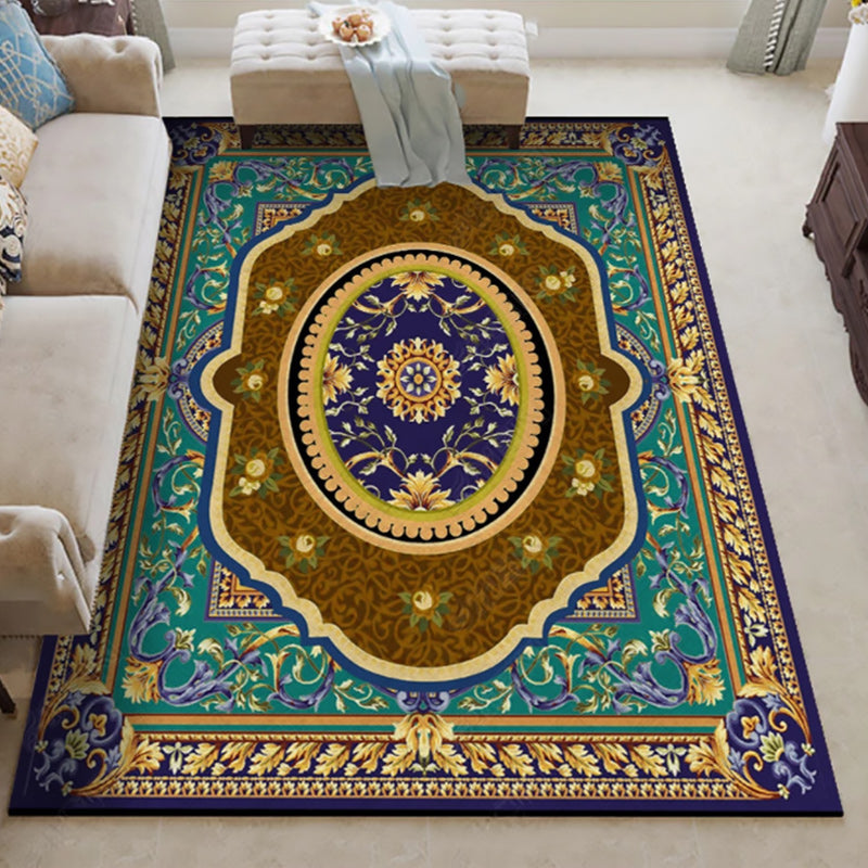 Oriental Moroccan Rug in Blue and Red Medallion Floral Leaf Pattern Rug Polyester Washable Carpet for Home Decoration Brown Clearhalo 'Area Rug' 'Moroccan' 'Rugs' Rug' 1634877