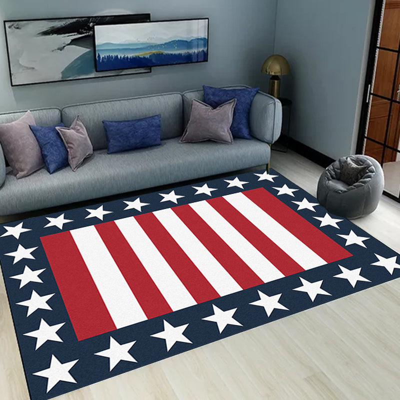 Modern Striped Pattern Rug with Star Navy and Red Polyester Rug Machine Washable Non-Slip Area Rug for Bedroom Clearhalo 'Area Rug' 'Modern' 'Rugs' Rug' 1635474