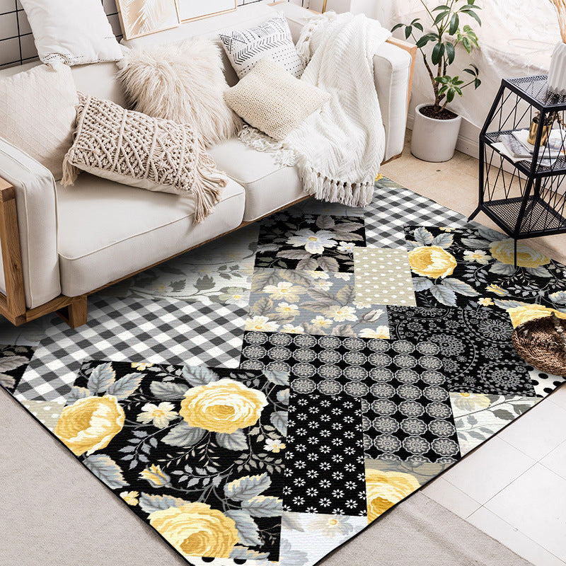 French Country Checked Pattern Rug with Floral Grey and Black Polyester Rug Machine Washable Non-Slip Area Rug for Bedroom Black Clearhalo 'Area Rug' 'French Country' 'Rugs' Rug' 1635596