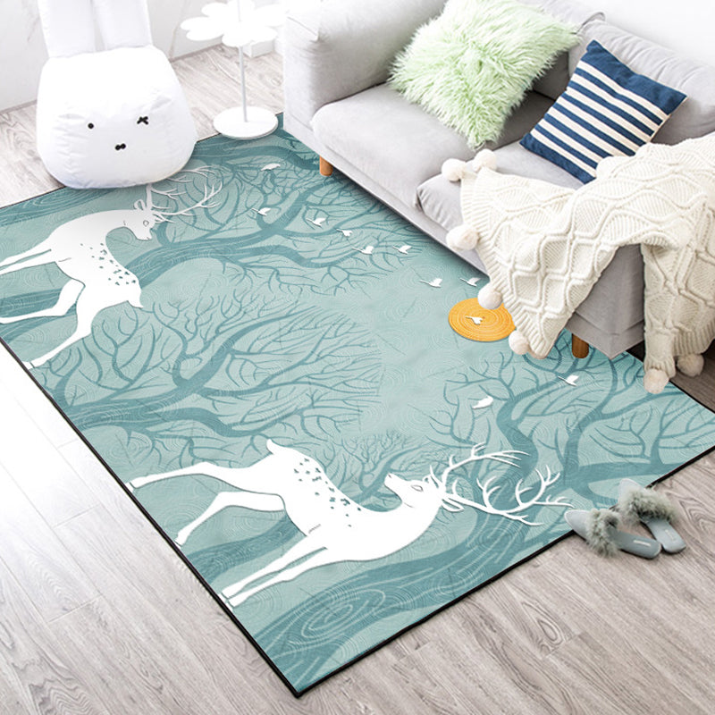 Modern Living Room Rug in Black and White Animals Deer Bird Tree Print Rug Polyester Pet Friendly Area Rug Blue Clearhalo 'Area Rug' 'Modern' 'Rugs' Rug' 1636182