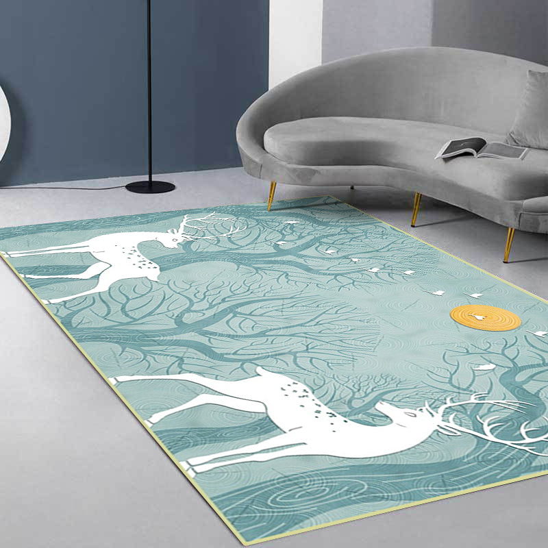 Modern Living Room Rug in Black and White Animals Deer Bird Tree Print Rug Polyester Pet Friendly Area Rug Clearhalo 'Area Rug' 'Modern' 'Rugs' Rug' 1636183