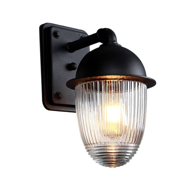 Ribbed Glass Black Sconce Light Thick Jelly Jar 1-Light Industrial Wall Lamp Fixture, 5