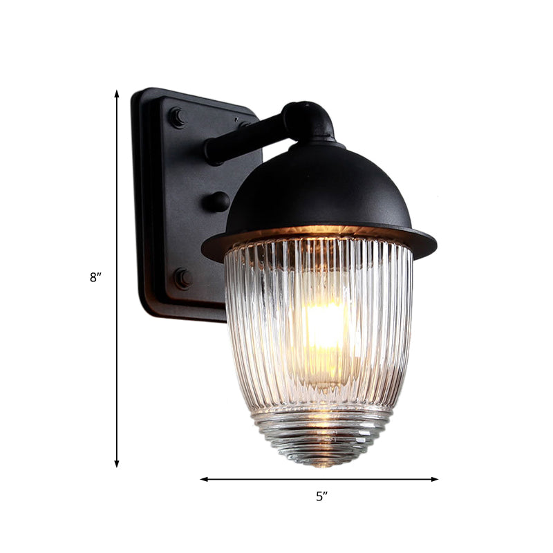 Ribbed Glass Black Sconce Light Thick Jelly Jar 1-Light Industrial Wall Lamp Fixture, 5