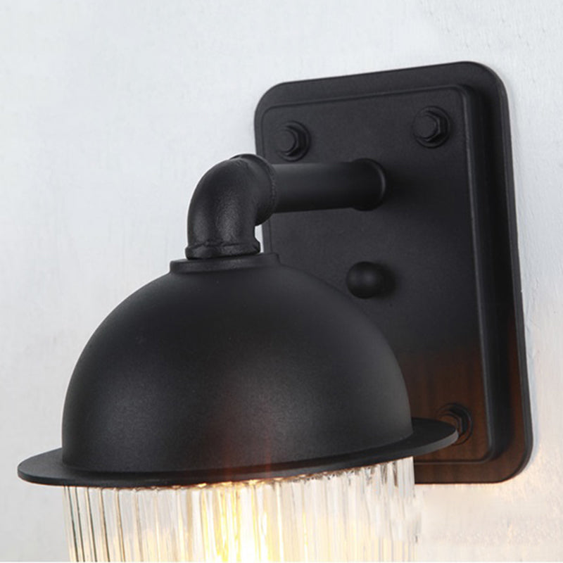 Ribbed Glass Black Sconce Light Thick Jelly Jar 1-Light Industrial Wall Lamp Fixture, 5