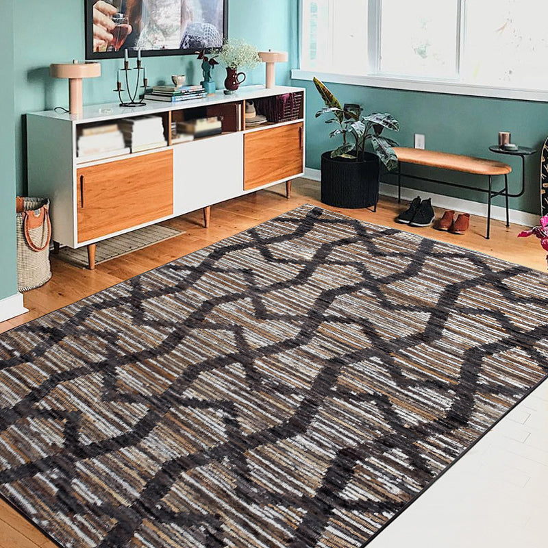 Brown Bedroom Rug Novelty Geometry Stripe Wave Pattern Area Rug Polyester Anti-Slip Backing Carpet Clearhalo 'Area Rug' 'Rug' 1636783