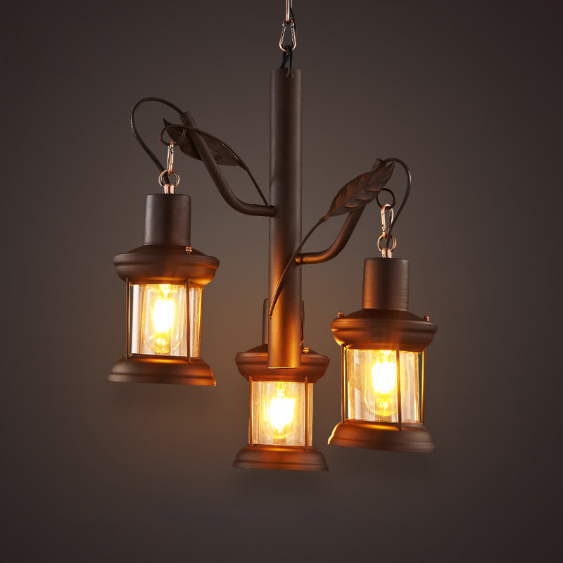 Factory Kerosene Lamp Drop Pendant 3 Heads Clear Glass Tree Design Ceiling Chandelier in Black Clearhalo 'Cast Iron' 'Ceiling Lights' 'Chandeliers' 'Industrial Chandeliers' 'Industrial' 'Metal' 'Middle Century Chandeliers' 'Rustic Chandeliers' 'Tiffany' Lighting' 1636956