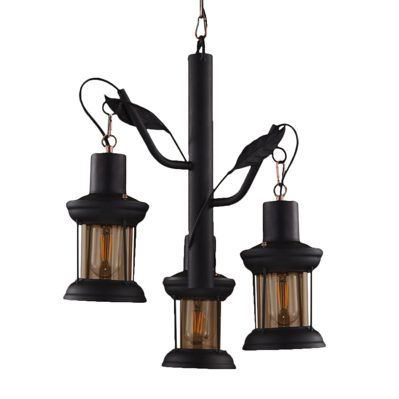 Factory Kerosene Lamp Drop Pendant 3 Heads Clear Glass Tree Design Ceiling Chandelier in Black Clearhalo 'Cast Iron' 'Ceiling Lights' 'Chandeliers' 'Industrial Chandeliers' 'Industrial' 'Metal' 'Middle Century Chandeliers' 'Rustic Chandeliers' 'Tiffany' Lighting' 1636957