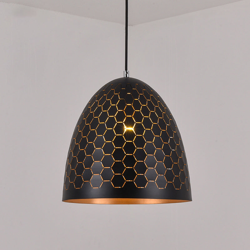 1 Bulb Domed Drop Pendant Factory Black Metal Suspension Light with Honeycomb Pattern, 10