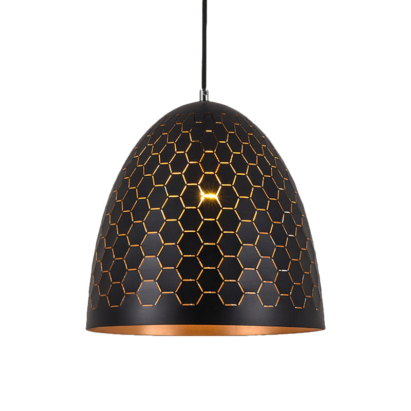 1 Bulb Domed Drop Pendant Factory Black Metal Suspension Light with Honeycomb Pattern, 10