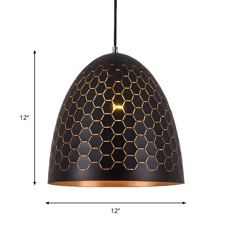 1 Bulb Domed Drop Pendant Factory Black Metal Suspension Light with Honeycomb Pattern, 10