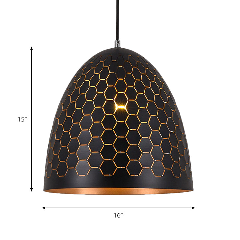 1 Bulb Domed Drop Pendant Factory Black Metal Suspension Light with Honeycomb Pattern, 10