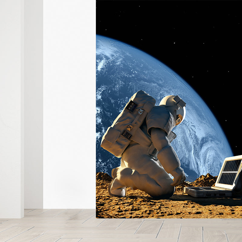 Astronaut and Earth View Mural Wallpaper Fictional Non-Woven Cloth Wall Covering Clearhalo 'Wall Decor' 'Wall Mural' 1637540