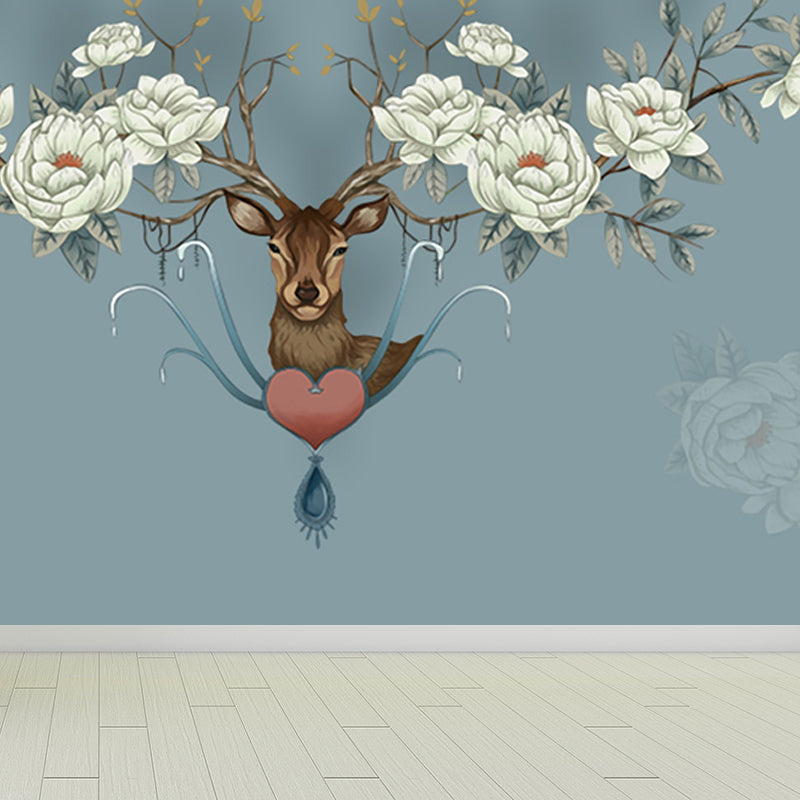 Reindeer Mural Wallpaper Modern Non-Woven Material Wall Covering in Pastel Color Clearhalo 'Wall Decor' 'Wall Mural' 1638170