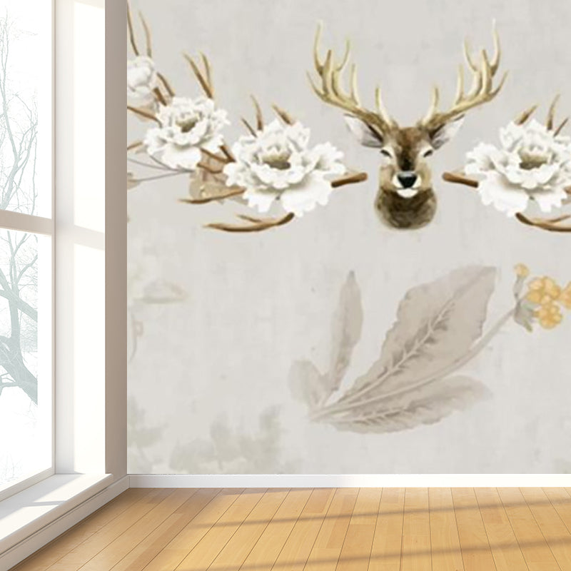 Reindeer Mural Wallpaper Modern Non-Woven Material Wall Covering in Pastel Color Clearhalo 'Wall Decor' 'Wall Mural' 1638184