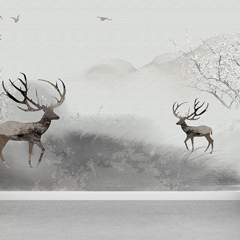 Peaceable Reindeer Mural Wallpaper Soft Color Modern Wall Covering for Living Room Clearhalo 'Wall Decor' 'Wall Mural' 1638230