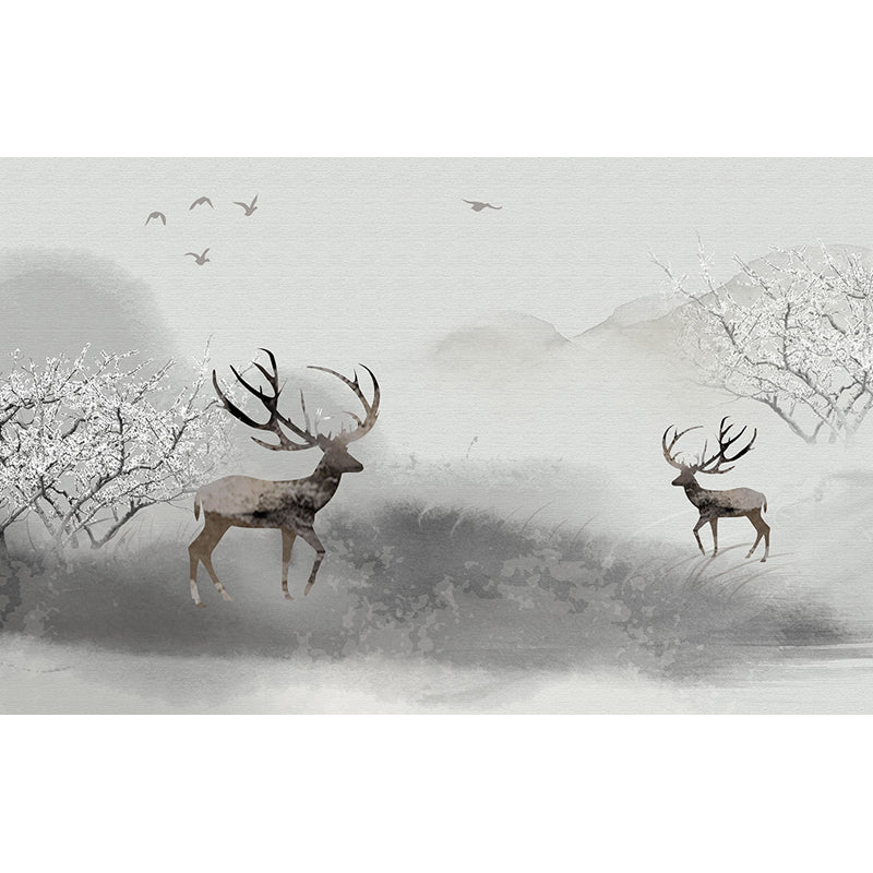 Peaceable Reindeer Mural Wallpaper Soft Color Modern Wall Covering for Living Room Clearhalo 'Wall Decor' 'Wall Mural' 1638231