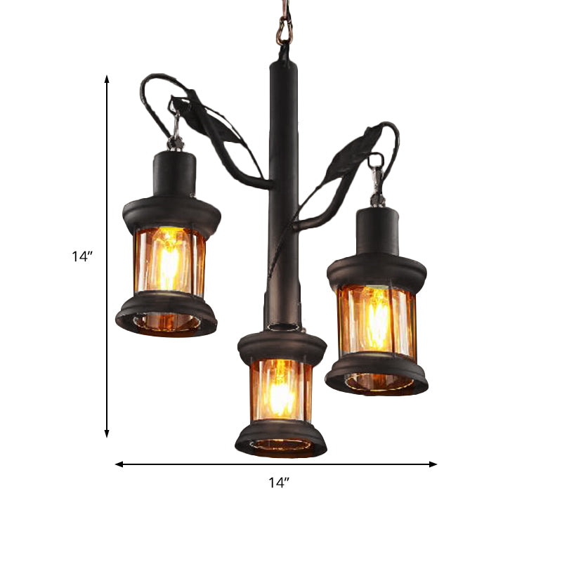 3 Lights Ceiling Light Fixture Coastal Lantern Clear Glass Pendant Chandelier in Black Clearhalo 'Cast Iron' 'Ceiling Lights' 'Chandeliers' 'Industrial Chandeliers' 'Industrial' 'Metal' 'Middle Century Chandeliers' 'Rustic Chandeliers' 'Tiffany' Lighting' 164110