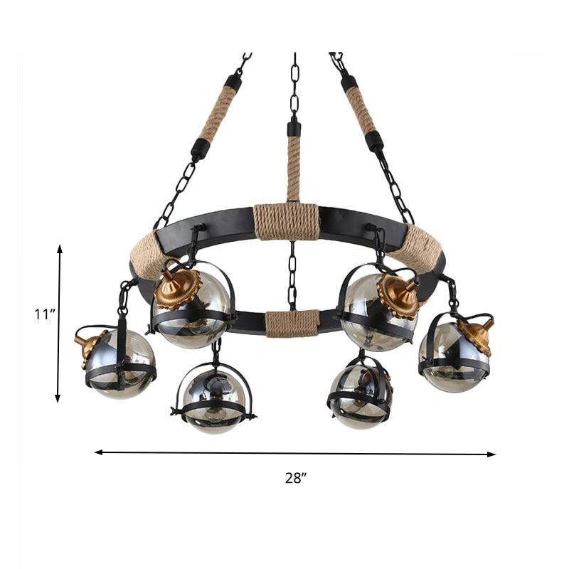 Farmhouse Globe Chandelier Lamp 6/8 Lights Rope Hanging Light with Amber Glass Shade in Black for Restaurant Clearhalo 'Cast Iron' 'Ceiling Lights' 'Chandeliers' 'Industrial Chandeliers' 'Industrial' 'Metal' 'Middle Century Chandeliers' 'Rustic Chandeliers' 'Tiffany' Lighting' 164142